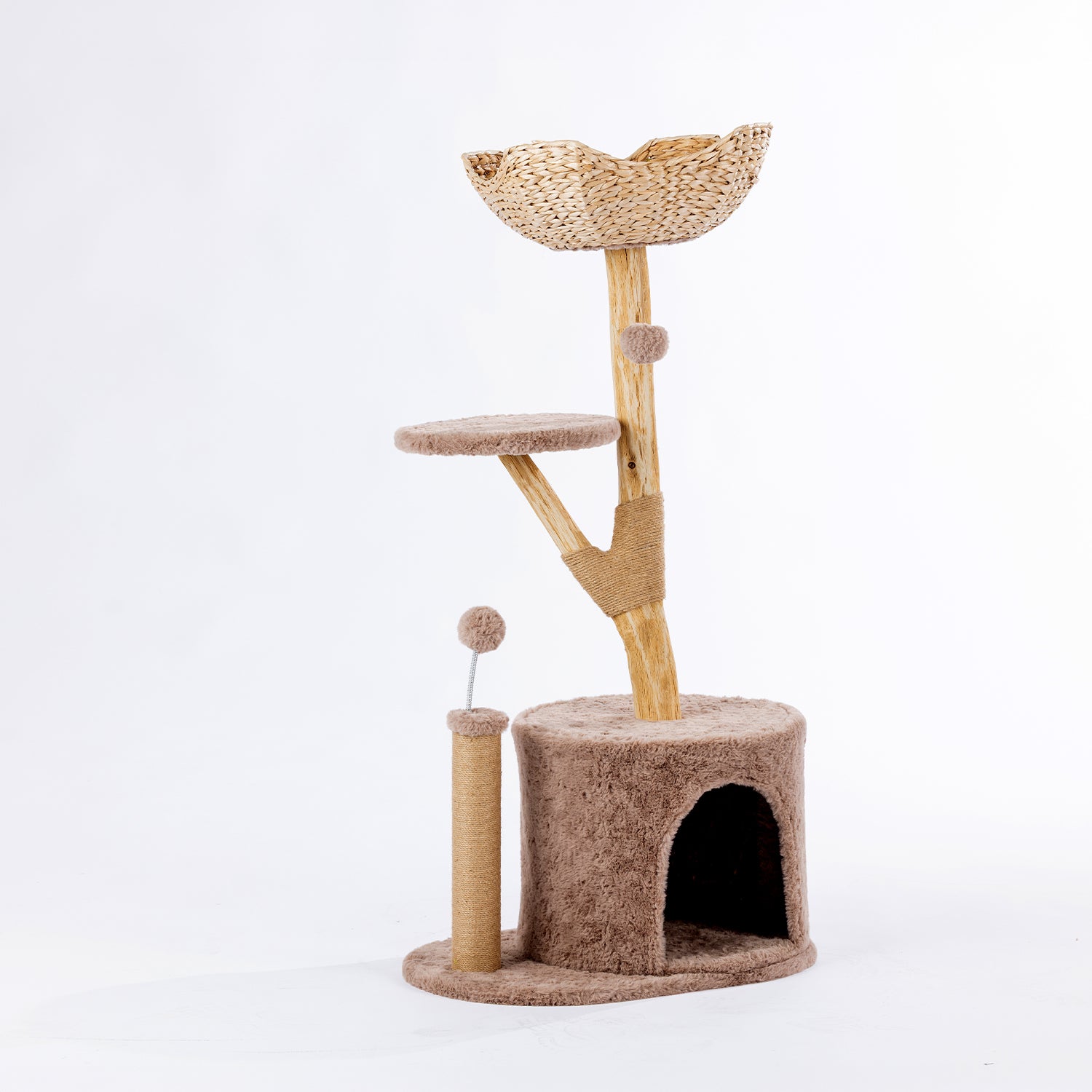Angled view of the mocha cat tower with a woven basket bed, elevated perch, plush hideaway cubby, sisal scratching post, and hanging pom-pom toy.