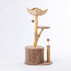 Rear view of the mocha cat tower featuring the woven basket bed, elevated perch, plush hideaway cubby, sisal scratching post, and hanging pom-pom toy.