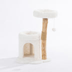 Natural timber cat tower with a plush hideaway cubby, elevated round bed, sisal scratching section, and hanging pom-pom toy on a white background.