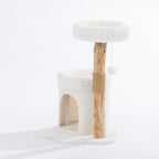 Angled view of the natural timber cat tower featuring the plush hideaway cubby, elevated round bed, sisal scratching section, and hanging pom-pom toy.
