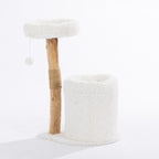 Rear view of the natural timber cat tower showing the plush hideaway cubby, elevated round bed, sisal scratching section, and hanging pom-pom toy.