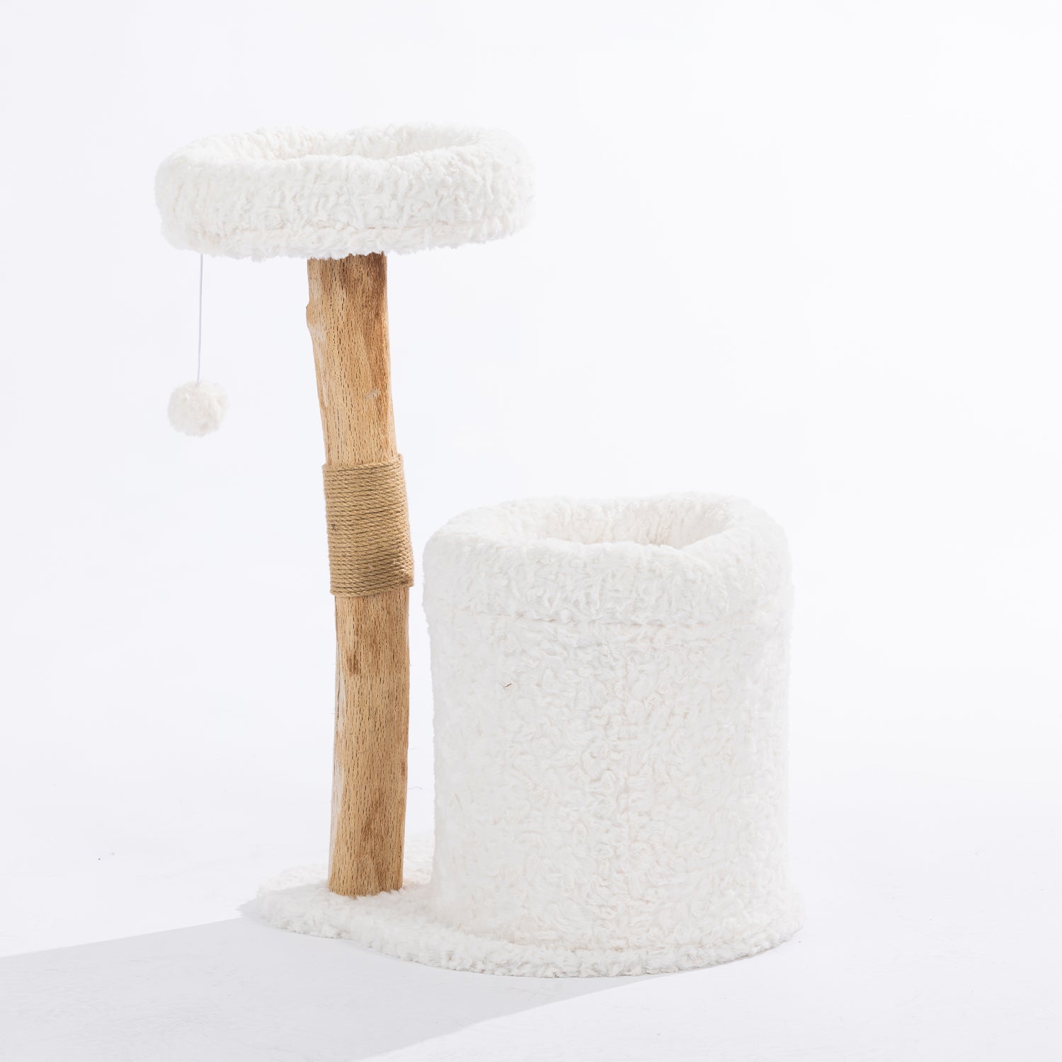 Rear view of the natural timber cat tower showing the plush hideaway cubby, elevated round bed, sisal scratching section, and hanging pom-pom toy.