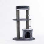 Charcoal two-tier cat tower with a plush top perch, sisal scratching posts, cosy hideaway, and dangling pom-pom toys displayed on a white background.