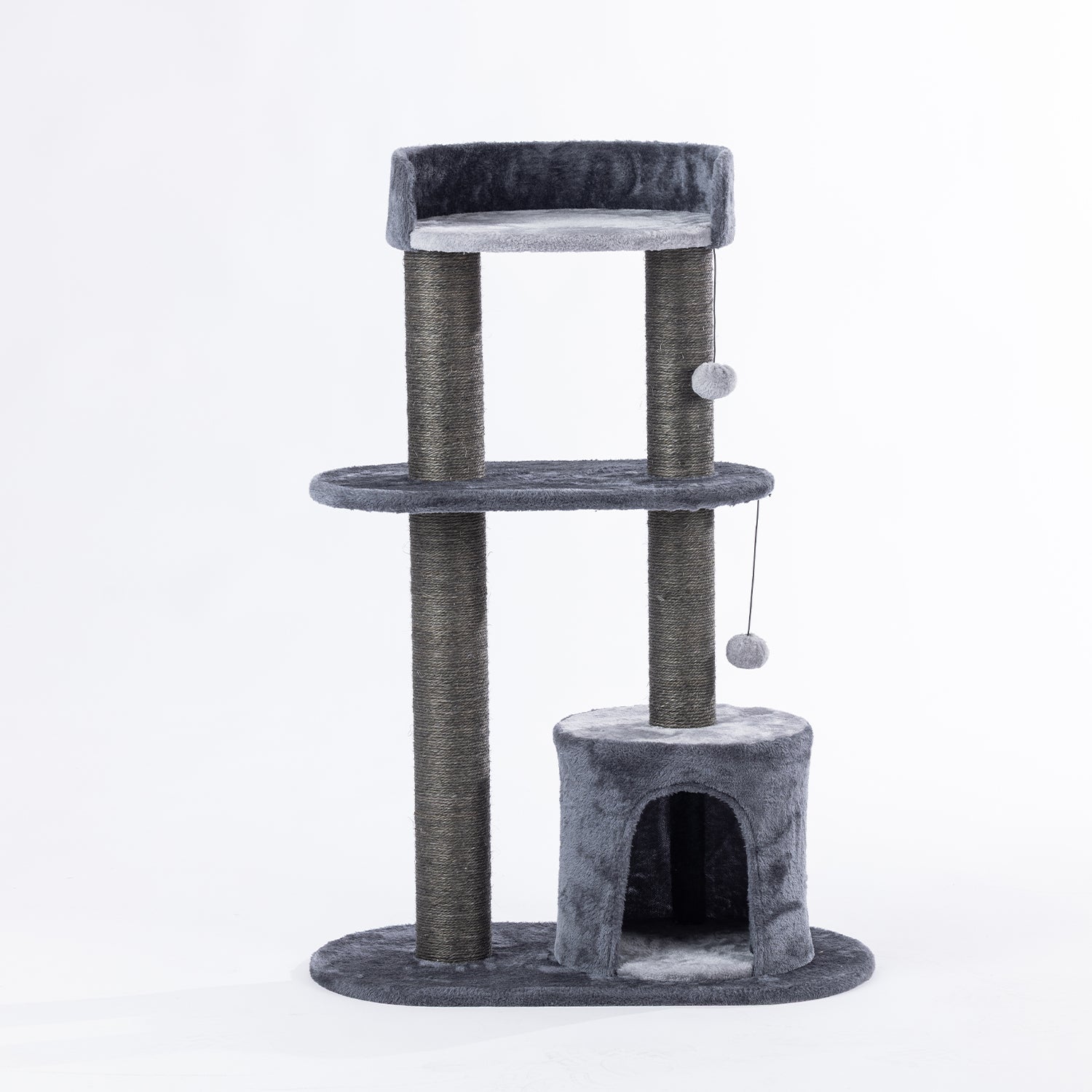 Charcoal two-tier cat tower with a plush top perch, sisal scratching posts, cosy hideaway, and dangling pom-pom toys displayed on a white background.