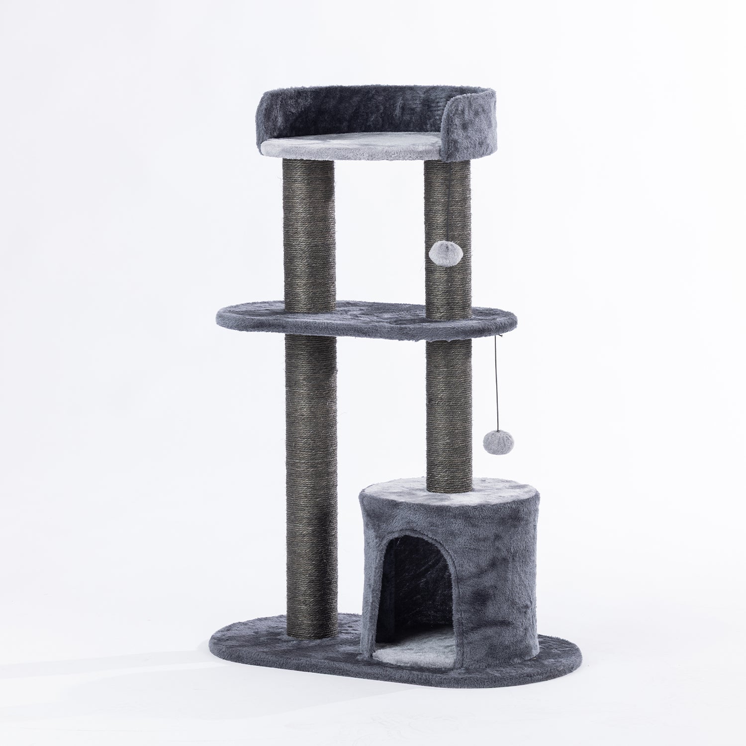 Angled front view of the charcoal two-tier cat tower with plush perch, sisal scratching posts, enclosed hideaway, and hanging pom-pom toys displayed on a white background.