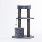 Rear view of the charcoal two-tier cat tower showing the plush platforms, scratching posts, enclosed hideaway, and dangling toy on a white background.