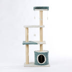 Four-tier blue and cream cat tower with a cosy hideaway, multiple plush platforms, sisal scratching posts, and hanging moon, star, and feather toys.