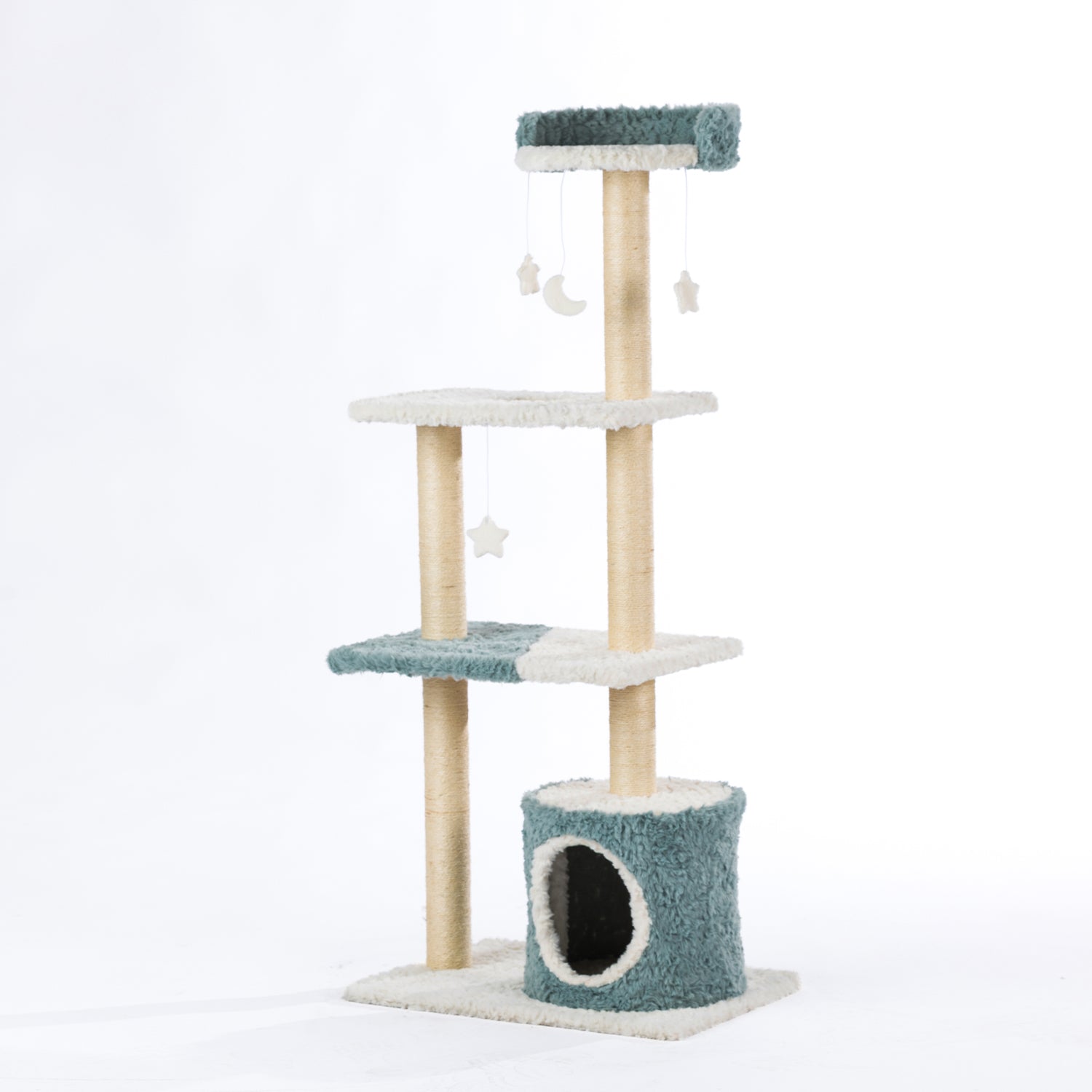 Angled view of the four-tier blue and cream cat tower featuring a cosy hideaway, multiple plush platforms, sisal scratching posts, and hanging moon, star, and feather toys.