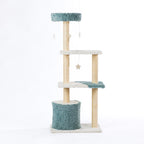 Rear view of the four-tier blue and cream cat tower showing the plush platforms, sisal scratching posts, and enclosed hideaway.