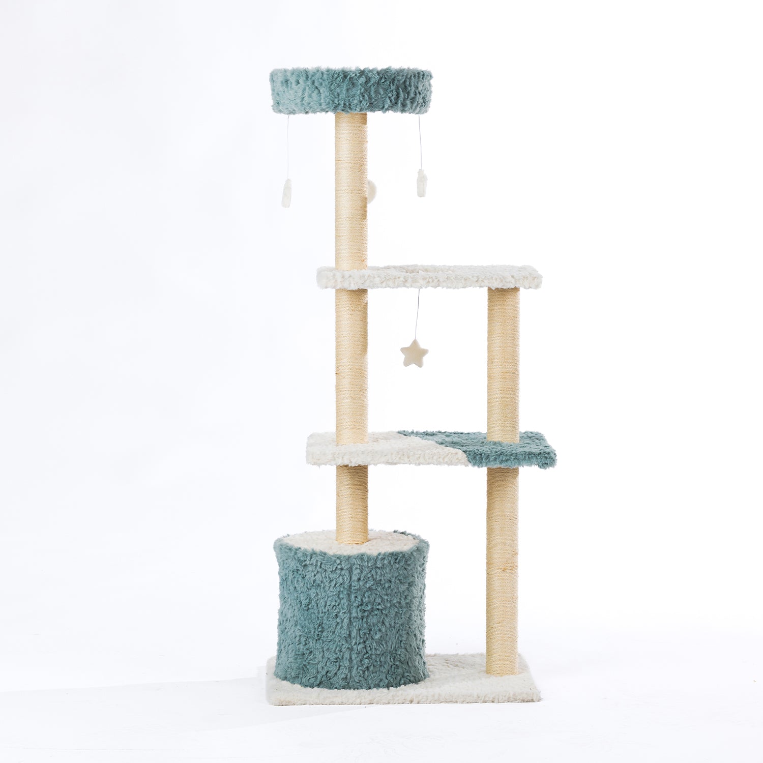 Rear view of the four-tier blue and cream cat tower showing the plush platforms, sisal scratching posts, and enclosed hideaway.