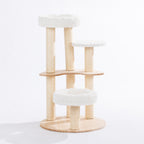 Round natural timber cat tower with three plush cat beds, multiple sisal scratching posts, and curved wooden platforms on a white background.