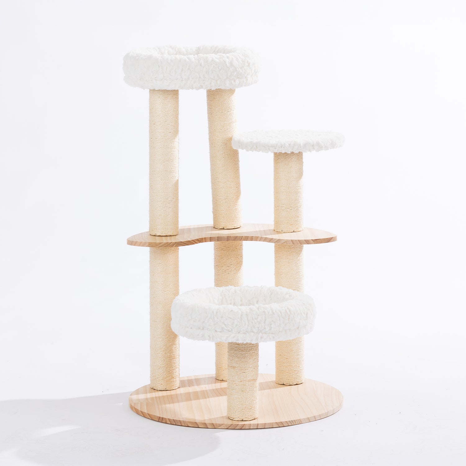Round natural timber cat tower with three plush cat beds, multiple sisal scratching posts, and curved wooden platforms on a white background.