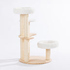 Side view of the round natural timber cat tower highlighting the staggered plush cat beds, curved timber platforms, and sisal scratching posts.