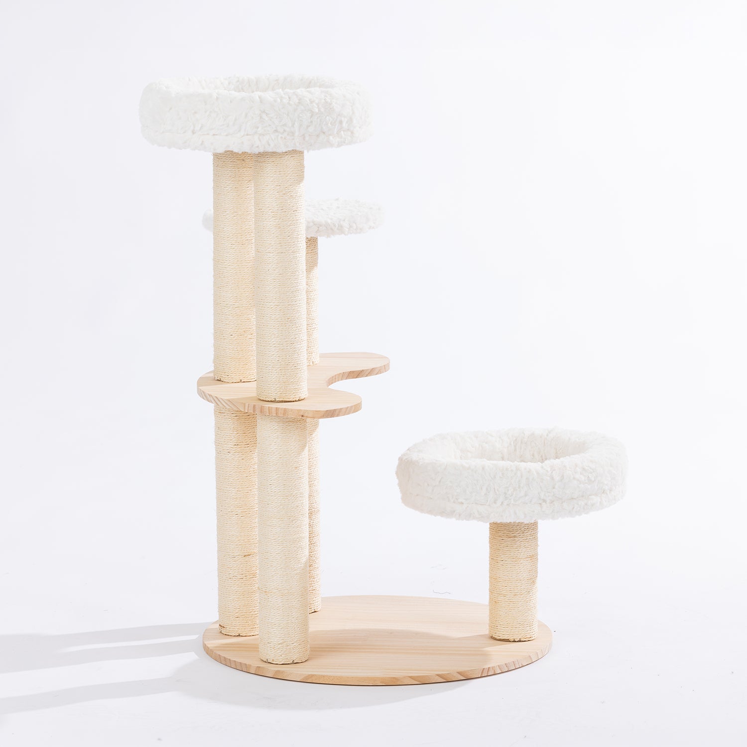 Side view of the round natural timber cat tower highlighting the staggered plush cat beds, curved timber platforms, and sisal scratching posts.
