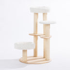 Angled view of the round natural timber cat tower featuring three plush cat beds, curved wooden platforms, and sisal scratching posts.