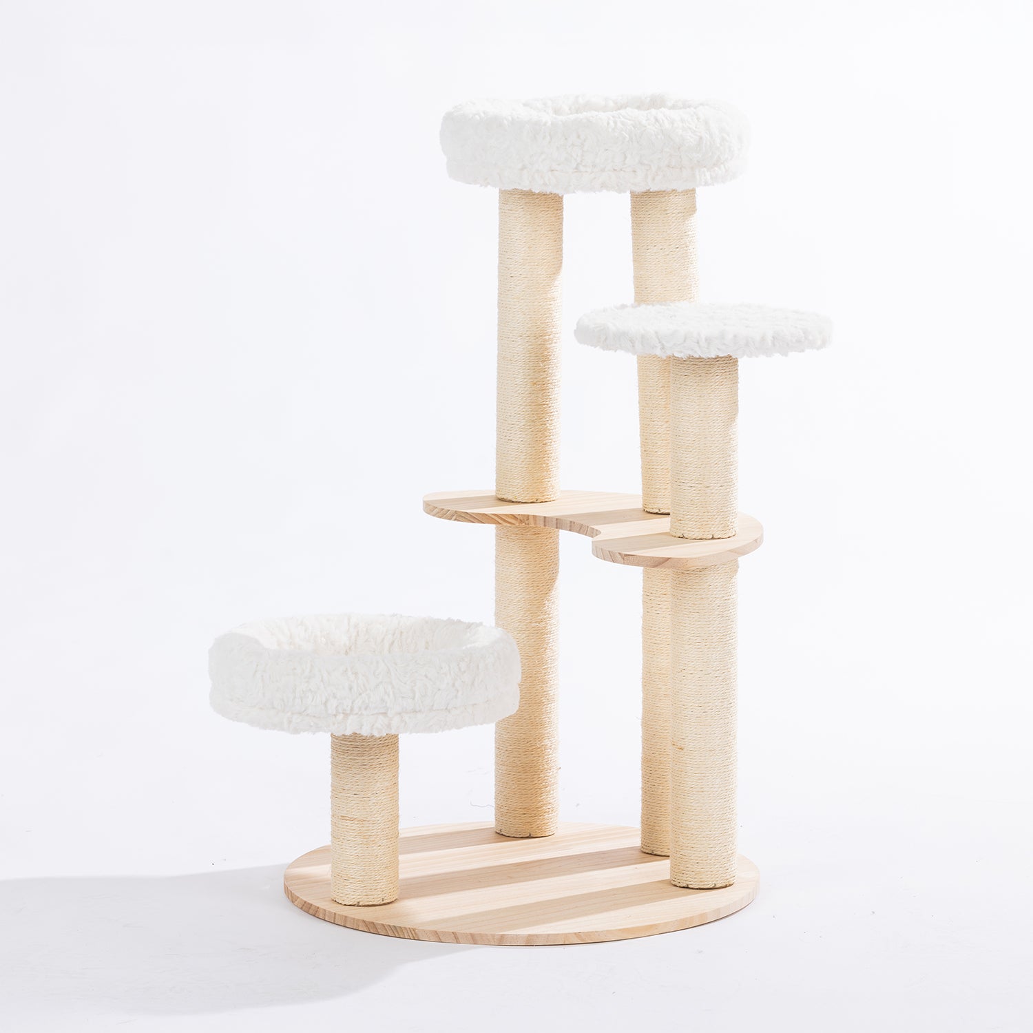 Angled view of the round natural timber cat tower featuring three plush cat beds, curved wooden platforms, and sisal scratching posts.