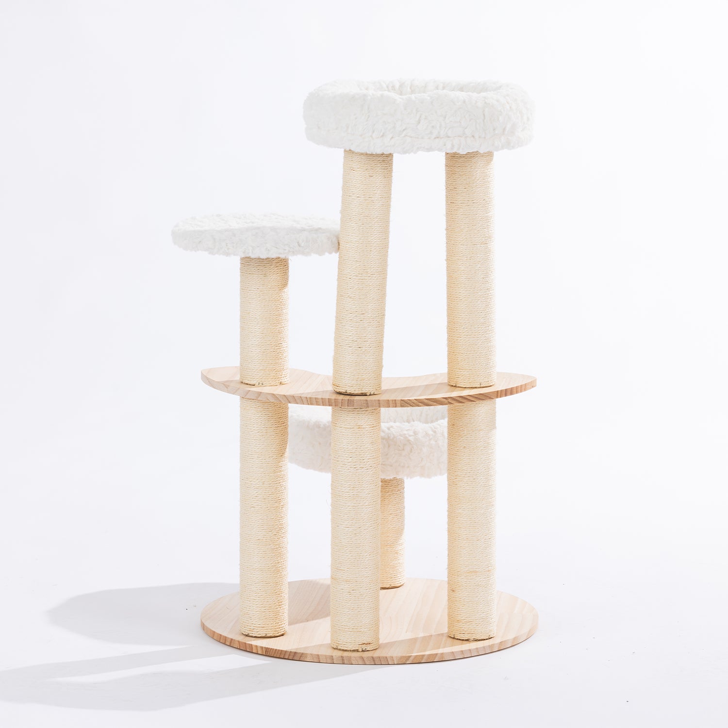 Rear view of the round natural timber cat tower showing three plush cat beds, curved wooden platforms, and sisal scratching posts.