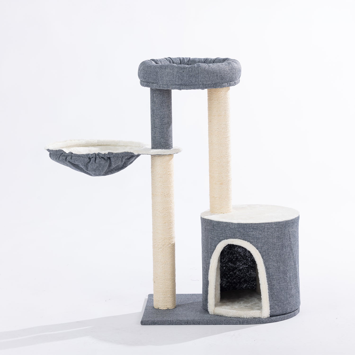 Grey and cream cat tower with a cosy hideaway, elevated round bed, suspended hammock, and sisal-wrapped scratching posts.