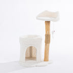 Cream plush cat scratcher with a rounded hideaway, elevated perch, natural wood-look scratching post wrapped with sisal, and a hanging mouse toy.