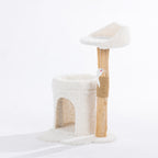 Angled view of the cream plush cat scratcher featuring a rounded hideaway, elevated perch, sisal-wrapped scratching post, and hanging mouse toy.