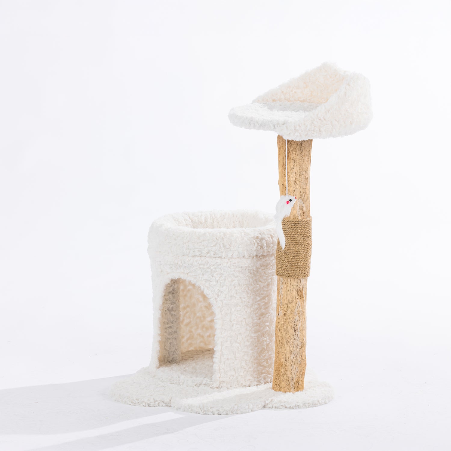 Angled view of the cream plush cat scratcher featuring a rounded hideaway, elevated perch, sisal-wrapped scratching post, and hanging mouse toy.