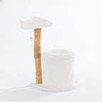 Rear view of the cream plush cat scratcher showing the natural wood-look scratching post, sisal wrap, elevated perch, and enclosed hideaway.