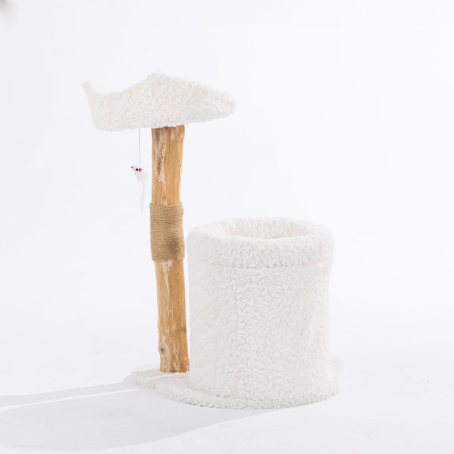 Rear view of the cream plush cat scratcher showing the natural wood-look scratching post, sisal wrap, elevated perch, and enclosed hideaway.