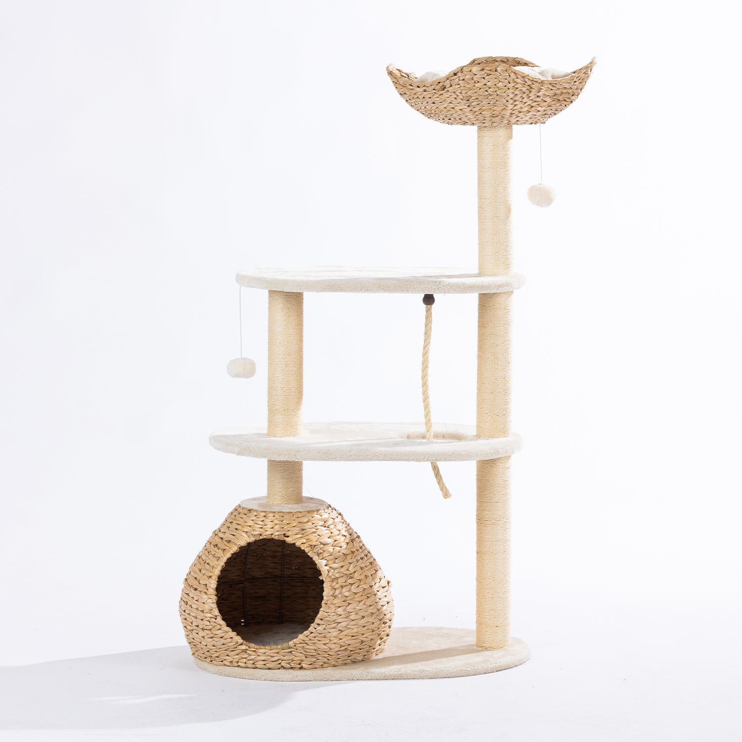 Natural woven cat tower with a plush top basket, sisal scratching posts, woven hideaway, plush platforms, hanging pom-pom toys, and climbing rope displayed on a white background.
