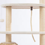 Close-up of the centre platforms showing the sisal scratching posts, hanging climbing rope, and plush finish.