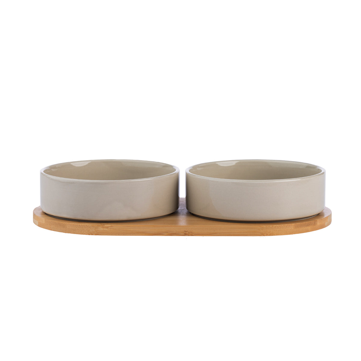 Two mushroom-coloured ceramic pet bowls displayed on a natural bamboo holder.