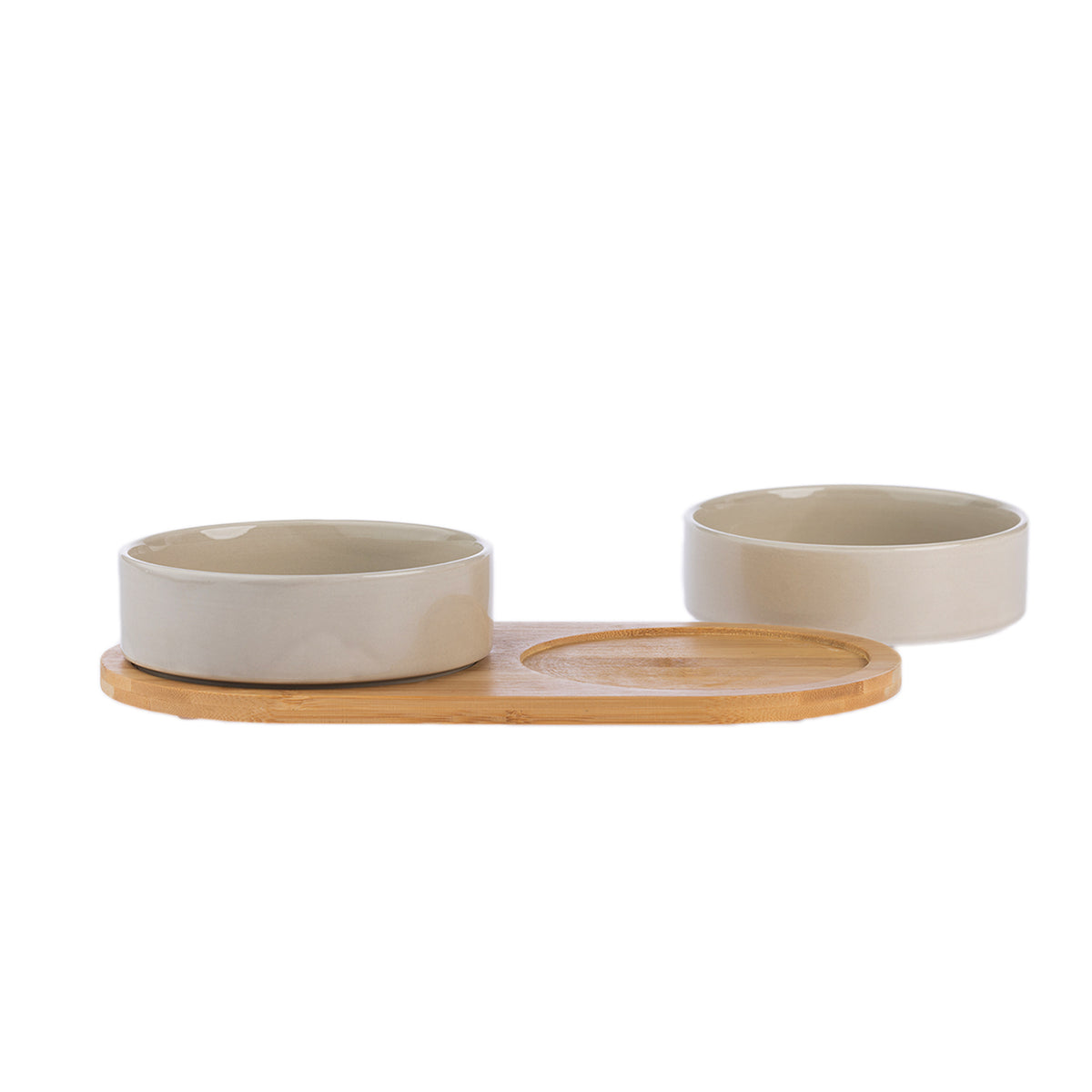 Mushroom-coloured ceramic pet bowls with one bowl removed to show the recessed bamboo holder.