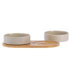 Mushroom-coloured ceramic pet bowls with one bowl removed to show the recessed bamboo holder.