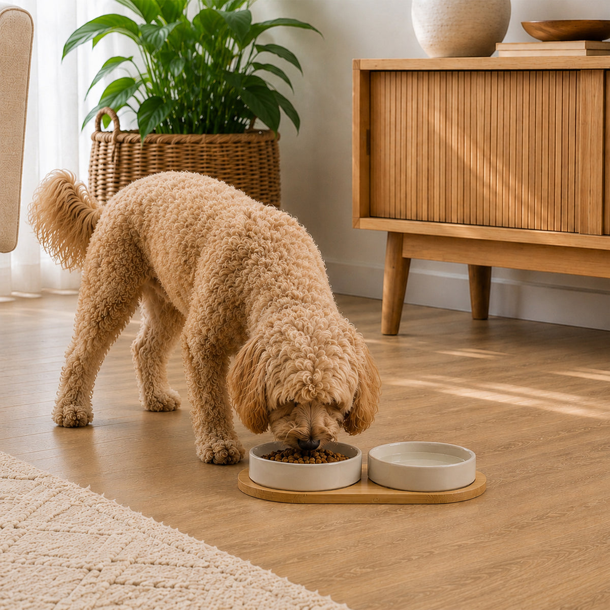 Curly-haired dog eating from a mushroom-coloured ceramic pet bowl set on a bamboo holder in a warm home interior.