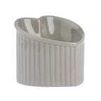 Mocha ceramic elevated cat bowl with a heart-shaped rim and ribbed exterior on a white background.