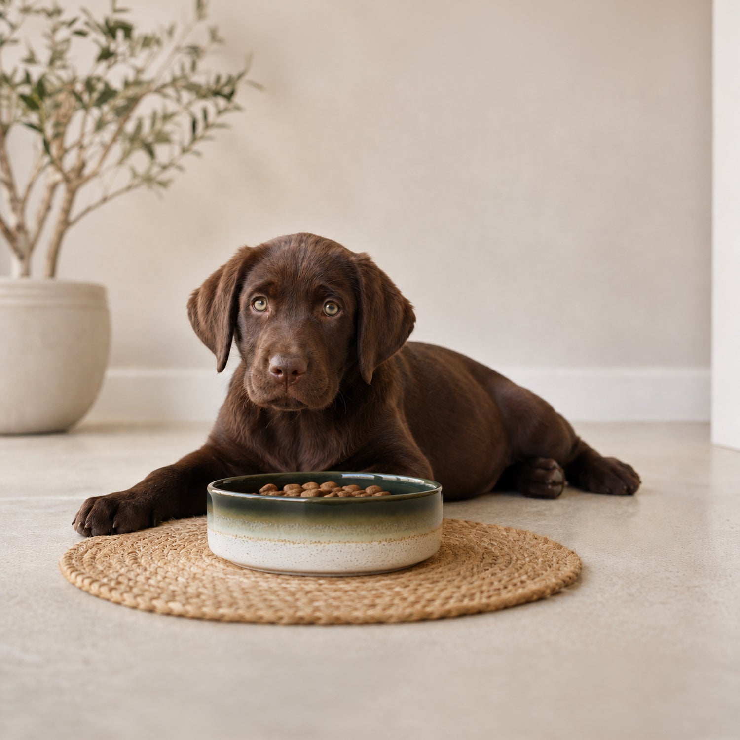 A chocolate Labrador retriever puppy sits on a light wood floor in a bright room, looking directly at a ceramic dog bowl in front of it.