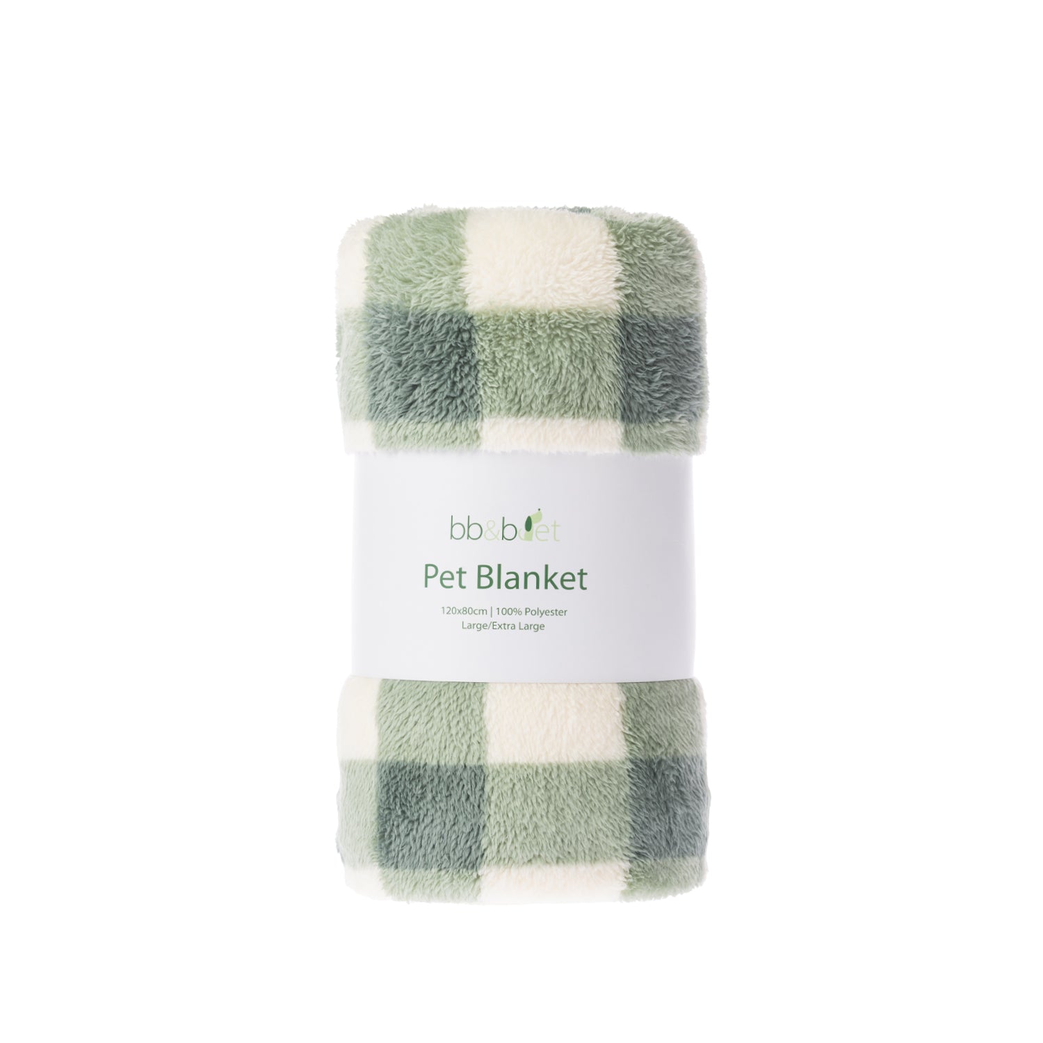 A folded plush pet blanket with a green and cream plaid pattern, wrapped in a white paper band labeled 'bb&b Pet Pet Blanket'.