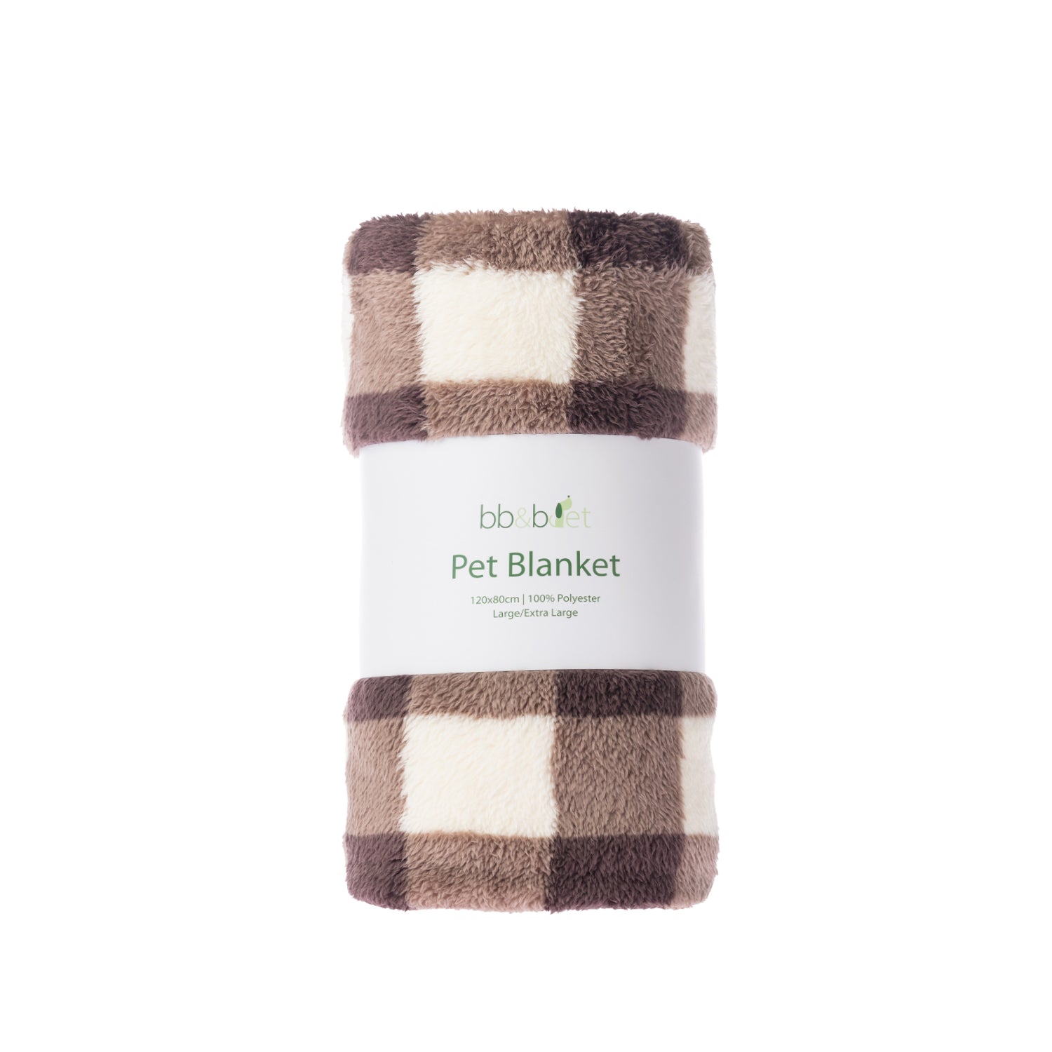 A rolled plush pet blanket with a brown, beige, and cream plaid pattern, wrapped in a white paper band labeled 'bb&b Pet Pet Blanket'.