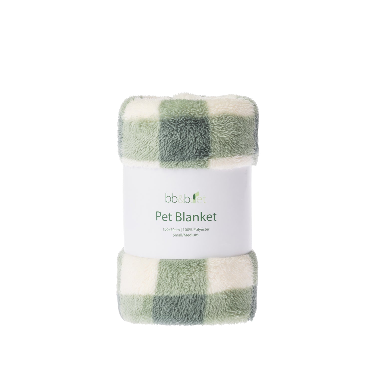 A folded plush pet blanket with a green and cream plaid pattern, wrapped in a white paper band labeled 'bb&b Pet Pet Blanket'.