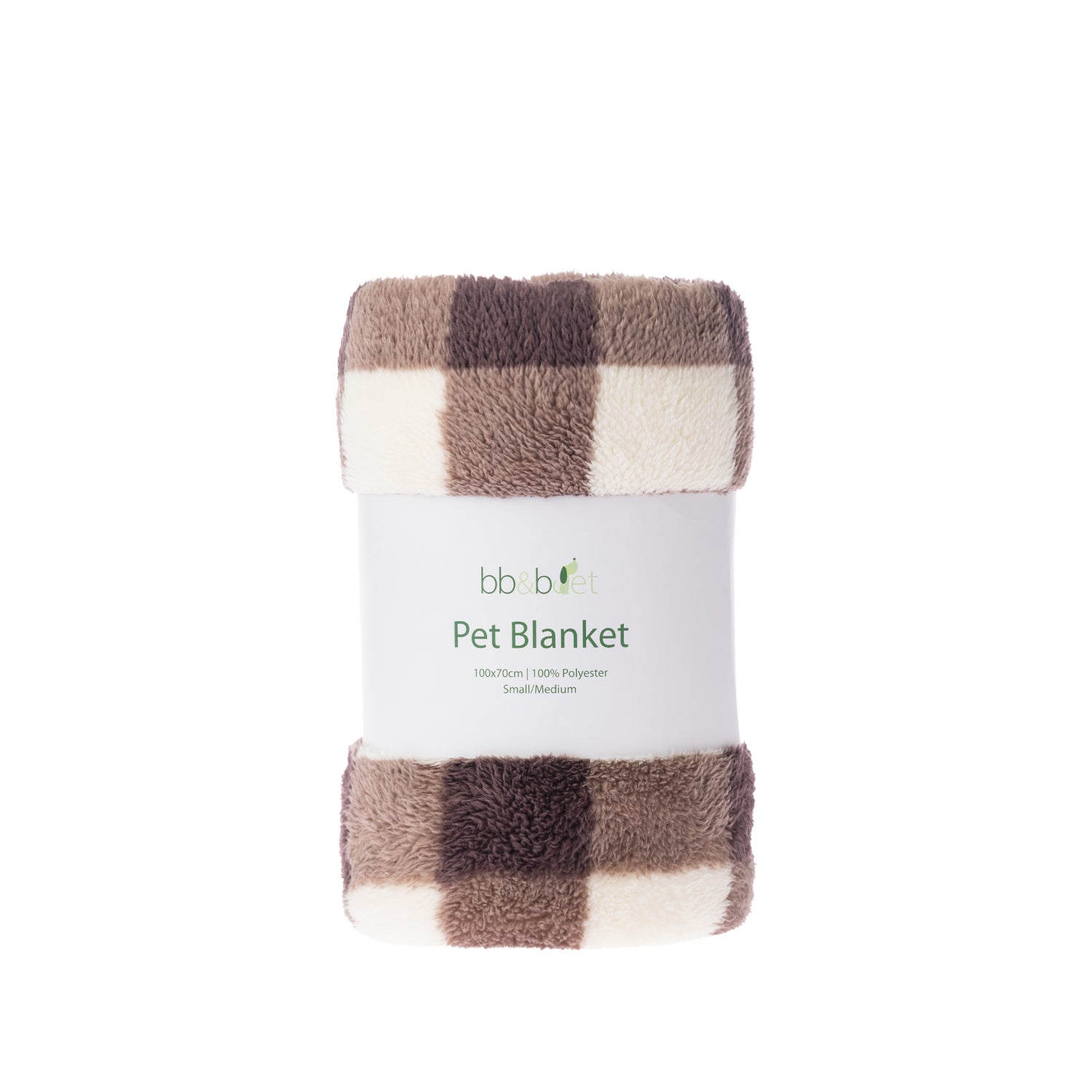 A folded plush pet blanket with a brown and cream buffalo plaid pattern, wrapped in a white paper band labeled 'bb&b Pet Pet Blanket'.
