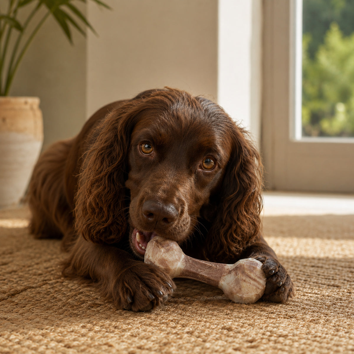 A brown long-haired dog lying on a woven beige rug and chewing on a bone-shaped toy indoors near a window.