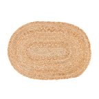 An oval braided jute mat in a natural light tan color, shown from a top-down view on a solid white background.