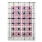 Large ivory wool and viscose area rug featuring a pink geometric tile pattern with dark green diamond accents and a charcoal grid border.