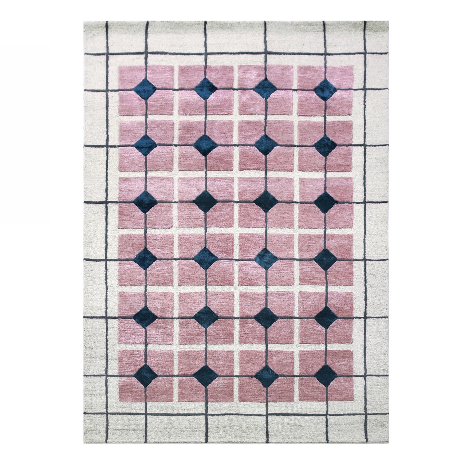 Large ivory wool and viscose area rug featuring a pink geometric tile pattern with dark green diamond accents and a charcoal grid border.