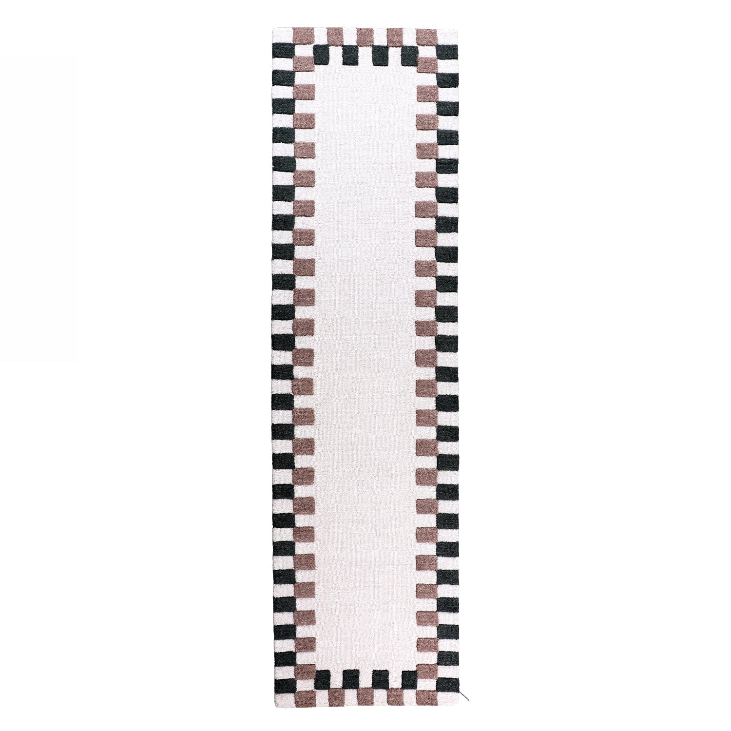 Marlo Ryker Border Wool Runner (80 × 300cm) in Multi, featuring a soft ivory centre framed by a geometric checker border in black and taupe with a plush wool texture.