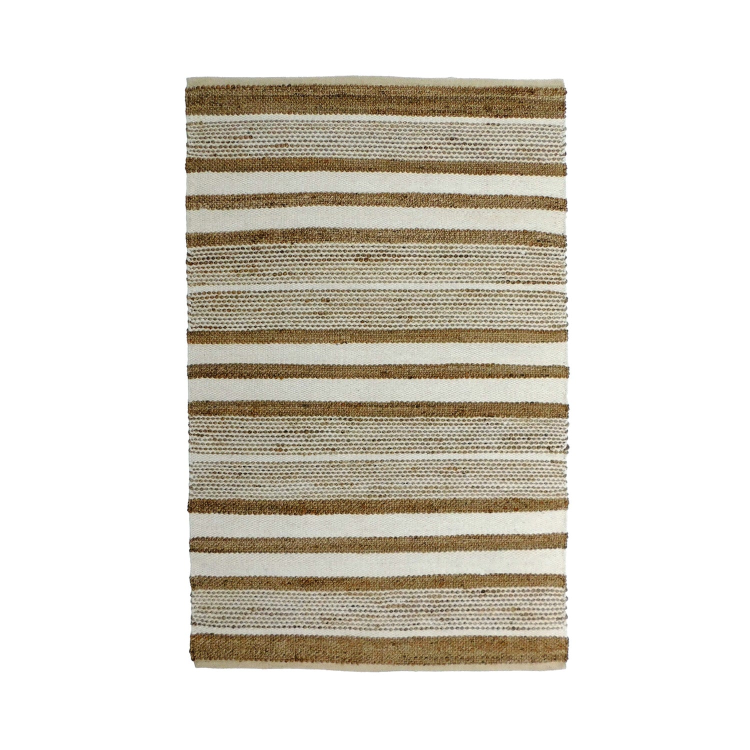 Striped jute blend rug in ivory and natural tones featuring alternating woven textured bands and horizontal stripe detailing.
