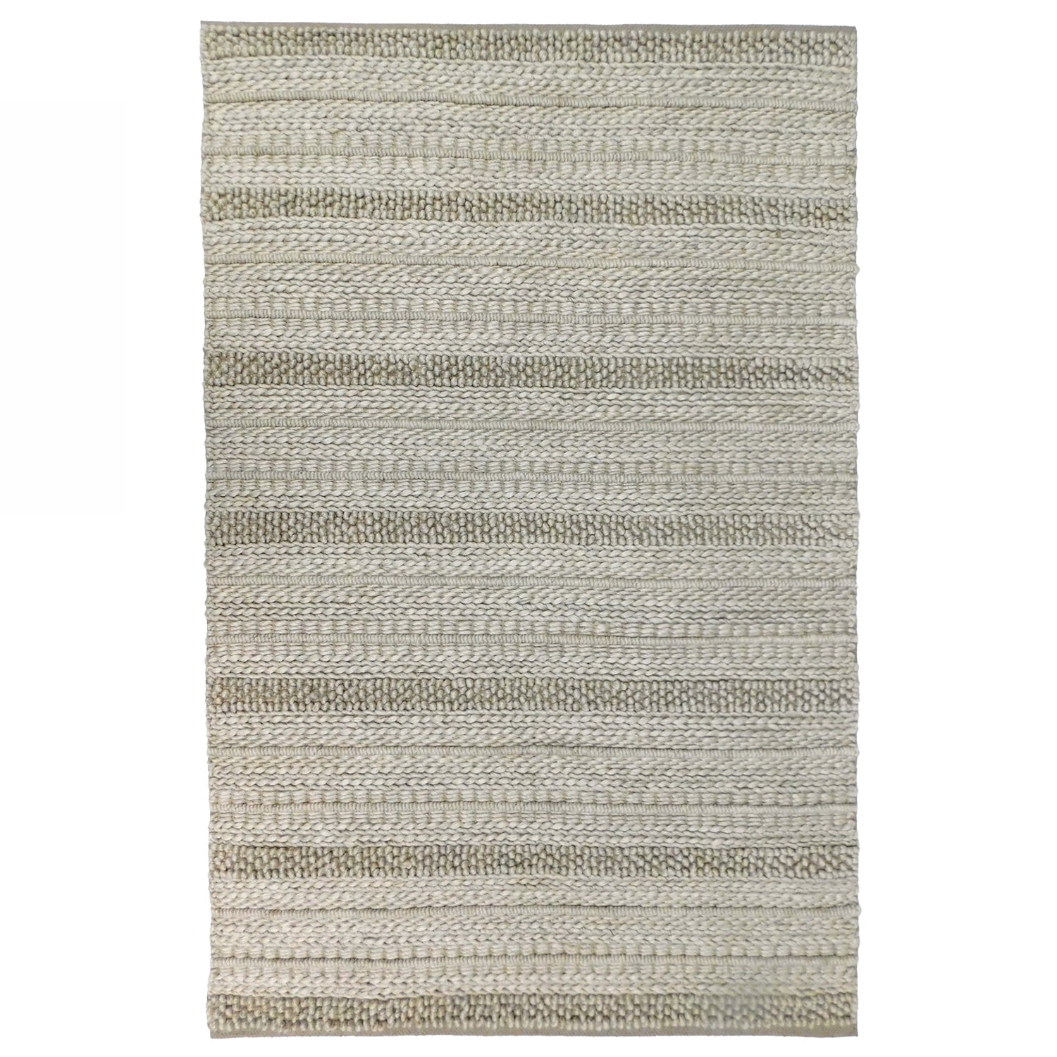 Textured area rug with a striped pattern on a white background