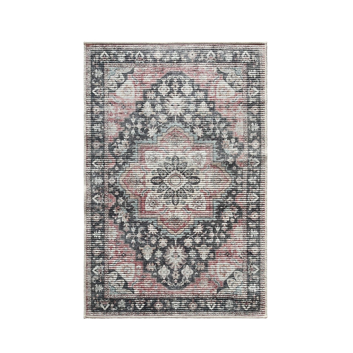 Brick patterned soft ribbed rug with vintage-inspired design on a white background.