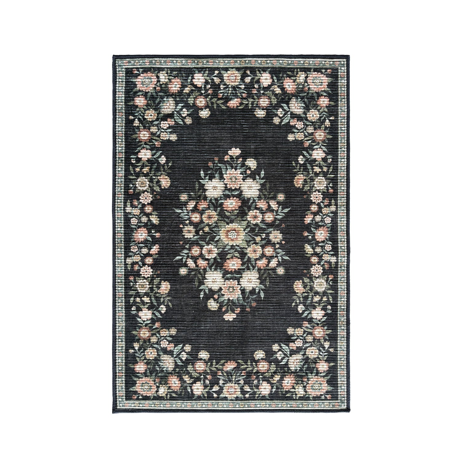 Coal soft ribbed rug with vintage-inspired floral border and centre design on a white background.