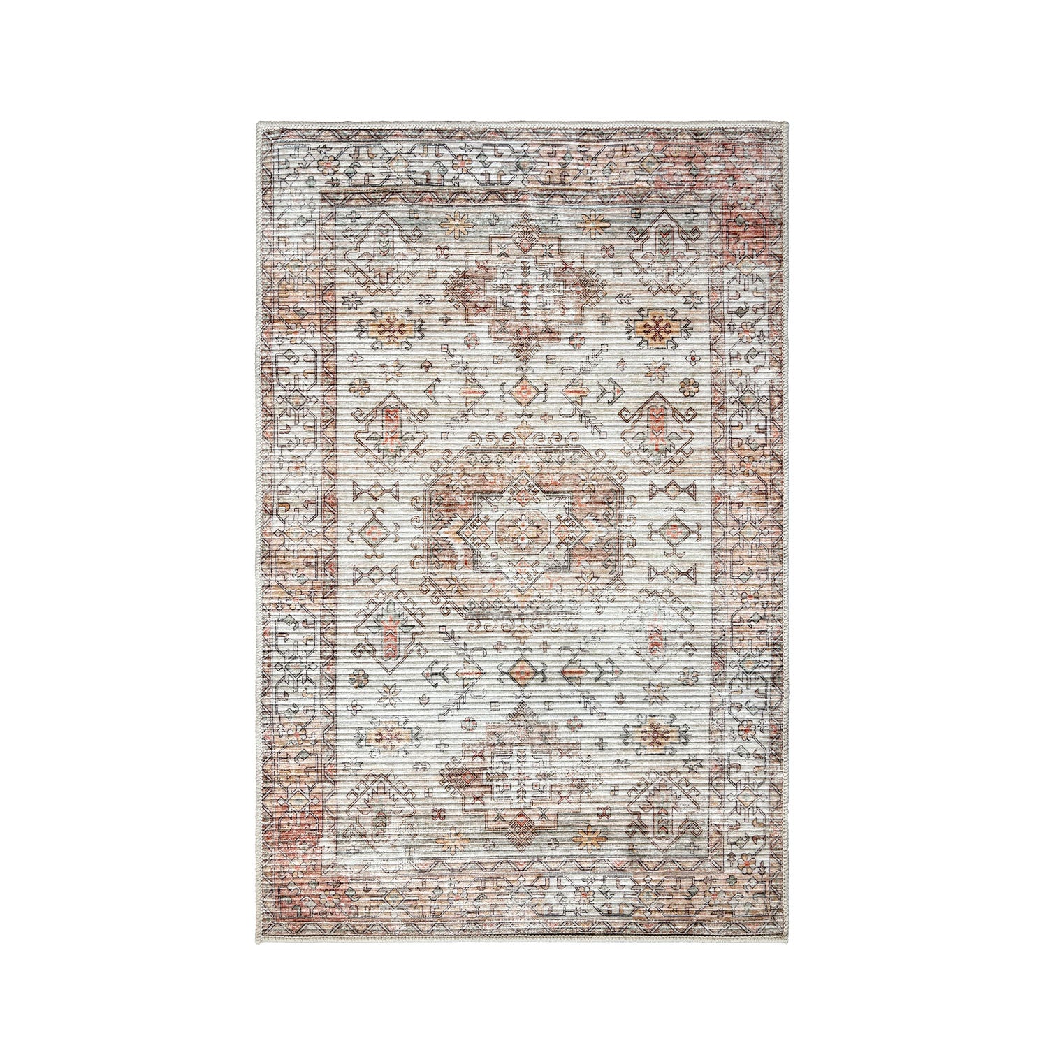 Home Co. Soft Ribbed Everly Rug (120 × 180cm) in Pink, featuring a distressed retro-inspired pattern with geometric motifs in soft pink, ivory, taupe, and warm neutral tones.