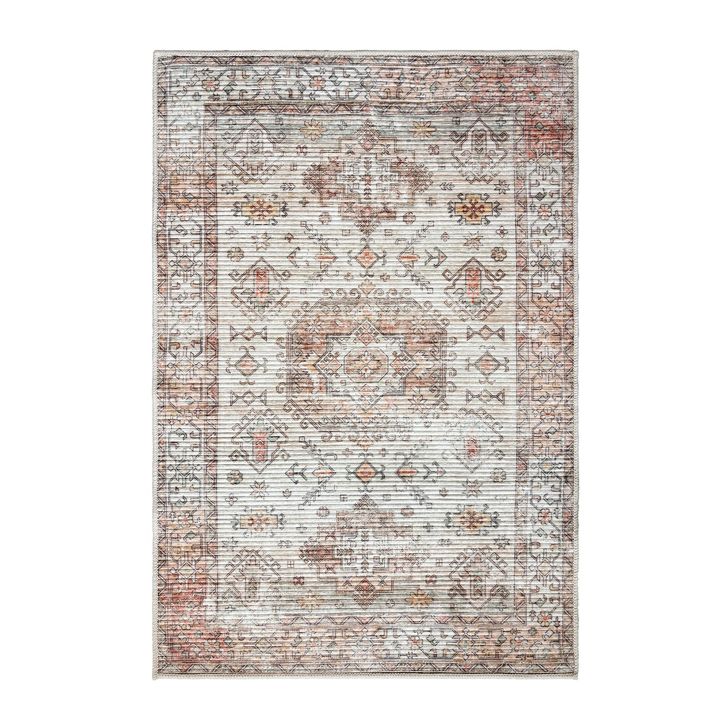 Home Co. Soft Ribbed Everly Rug (160 × 230cm) in Pink, featuring a distressed retro-inspired pattern with geometric motifs in soft pink, ivory, taupe, and warm neutral tones.